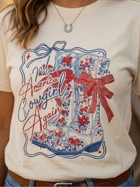 Make America Cowgirl Again Glitter T-Shirt | Patriotic Cowboy Boot Graphic Tee
